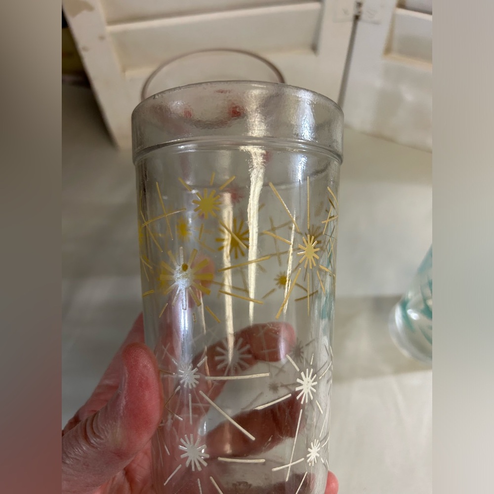 3 Vintage 50s 60s atomic drink glass Starburst Boomerang Teal Red Yellow MCM - Picture 16 of 16